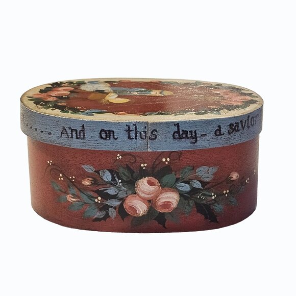 Hand Painted Artist Signed Oval Shaker Box Nativity Scene 6" x 4.75" - Picture 3 of 14